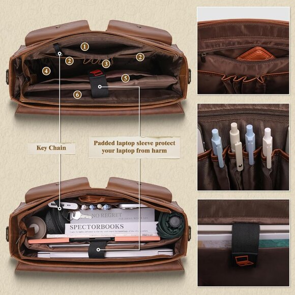 Men's Brown 15.6 Inch Water proof Laptop Bag Leather Briefcase Computer Bag - Picture 3 of 6